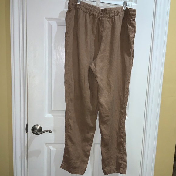 H&M tan linen straight leg elastic waist pants Sz L pockets drawstring - Picture 6 of 8